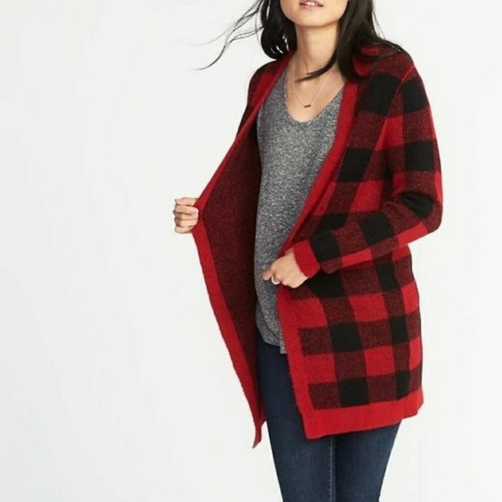 Red and Black Plaid Cardigan